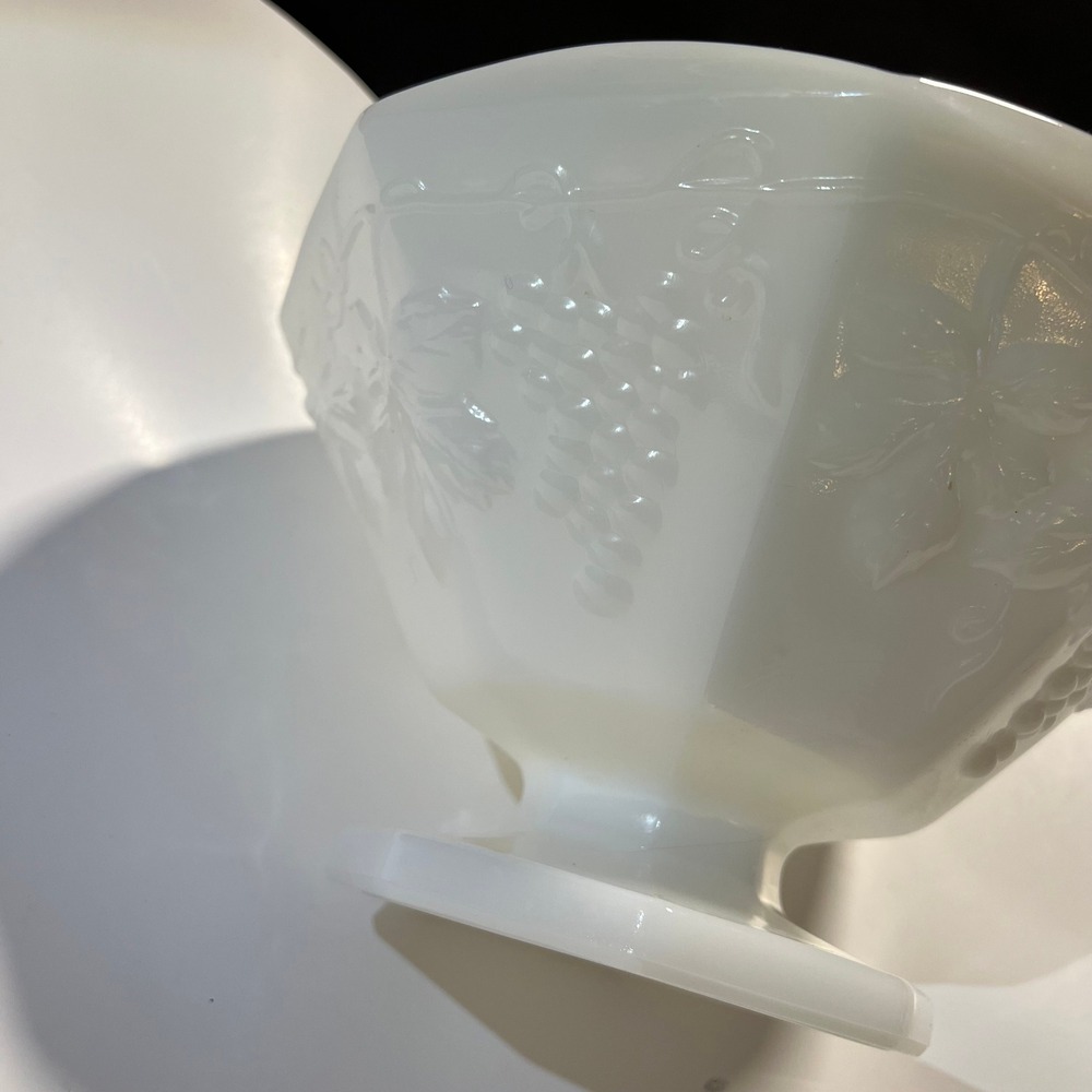 Vintage Milk Glass Paneled Grape Footed Bowl Scalloped Pedestal 8.5 Inch - Picture 6 of 9